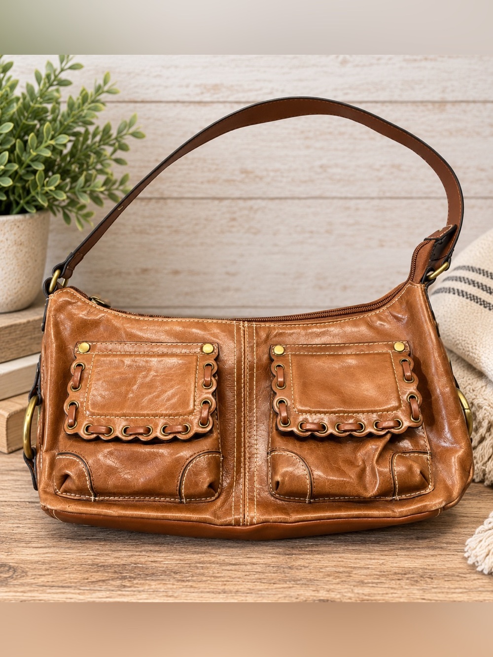 Wilsons Leather Brown Genuine Leather Shoulder Bag Y2K Boho Pocket Hobo Purse